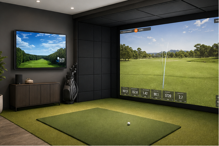 Simulated golf setup with multiple screens displaying a golf course and 'Elite Sim Golf' branding.