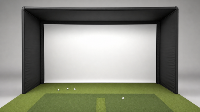 Golf simulator screen displaying a golf course with Elite Sim Golf branding.