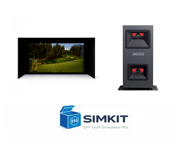Golf simulator setup with monitor and uneekor eye mini lite device on a white background, featuring SIMKIT