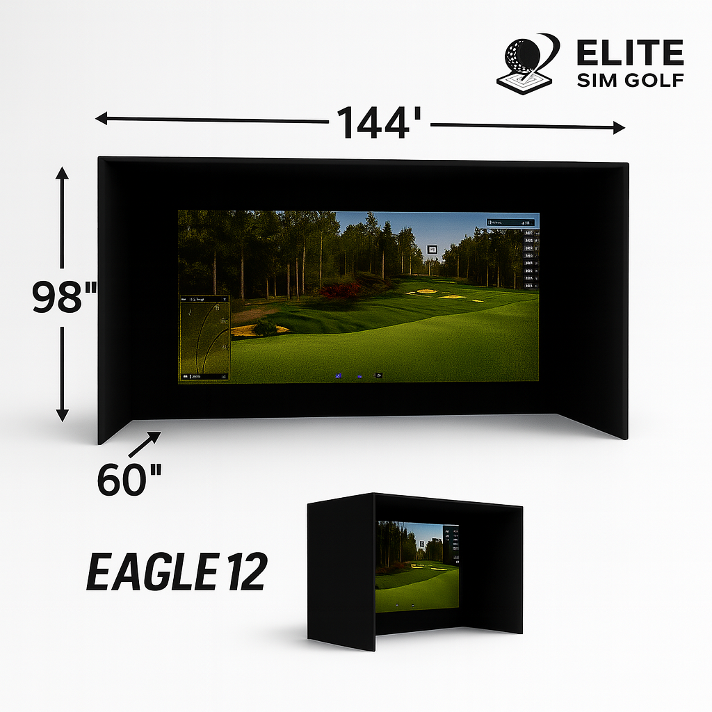 Eagle 12 golf simulator enclosure dimensions: 144' wide x 98' high x 60' deep, featuring immersive screen area.
