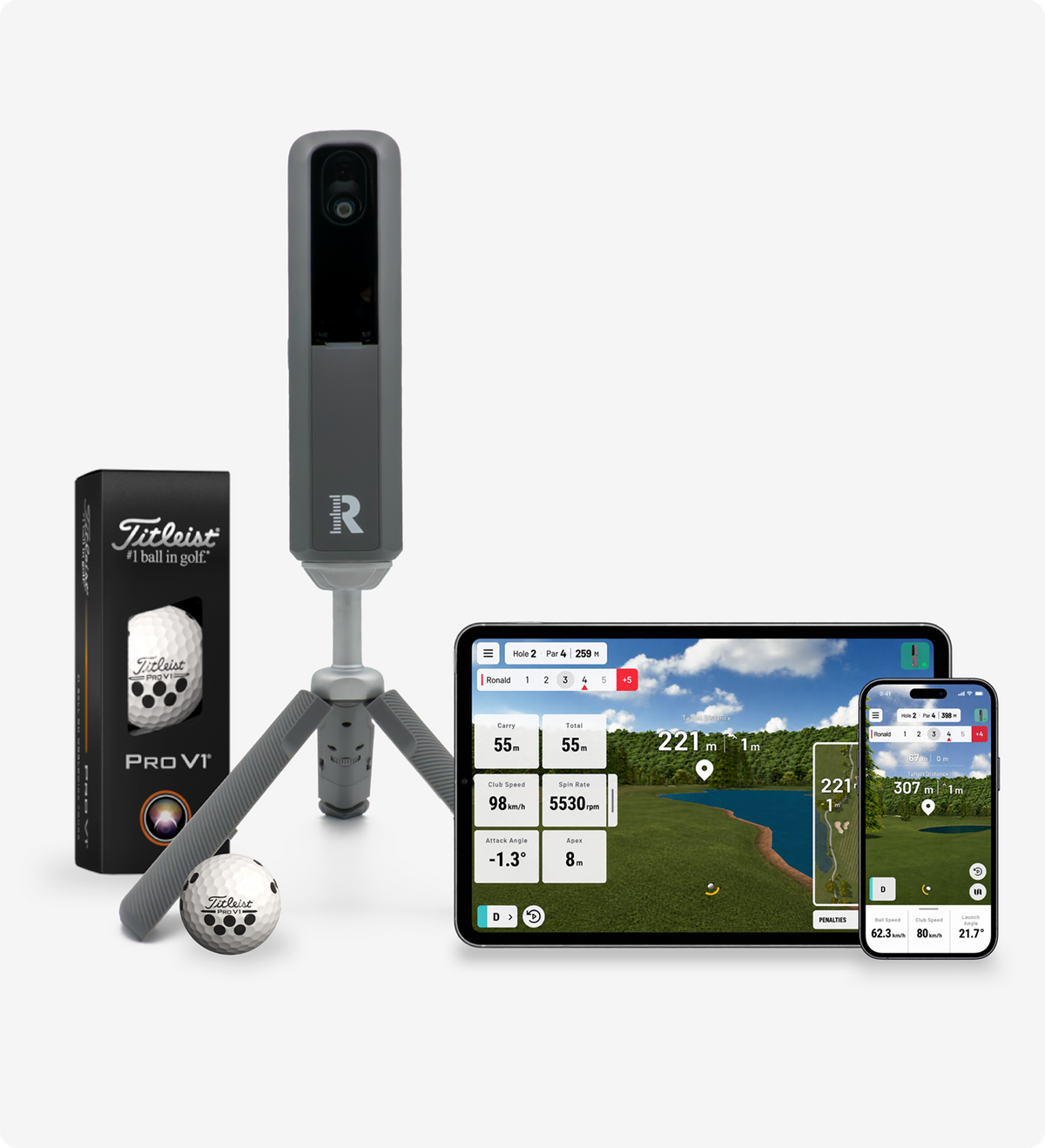Rapsodo MLM2XPRO with Titleist 2025 Pro V1 RPT golf balls and the Rapsodo Golf app on tablet and phone