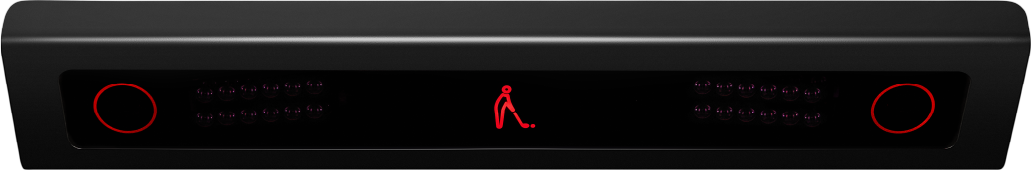 VTrack Overhead Golf Launch Monitor displayed from the front with illuminated indicators and sleek black design.