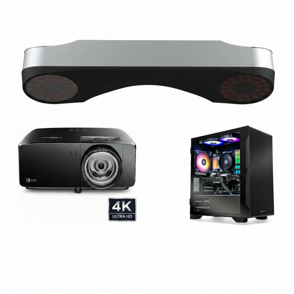 A 4K projector bundle featuring a silver and black soundbar, a black projector, and a black PC tower with RGB lighting, shown on a white background with a 4K Ultra HD badge.