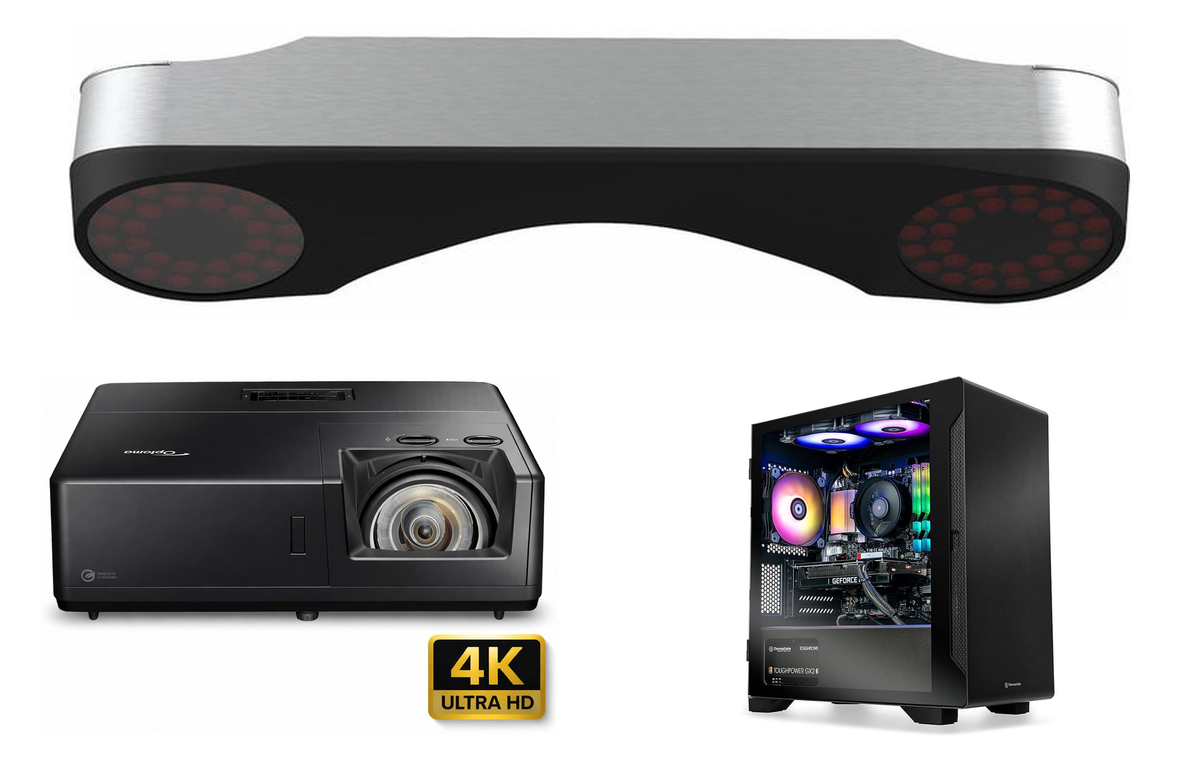 ProTee VX Overhead Launch Monitor, Optoma ZK608TST Projector, and Elite Sim Golf Gaming PC product collage