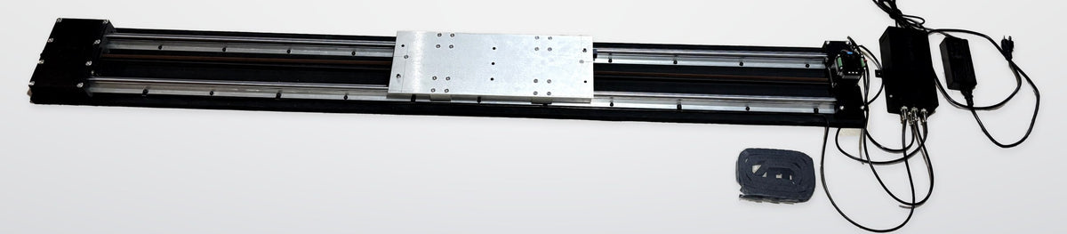 SimSlide Pro motorized ceiling rail with aluminum carriage plate, control box, power supply and cable drag chain