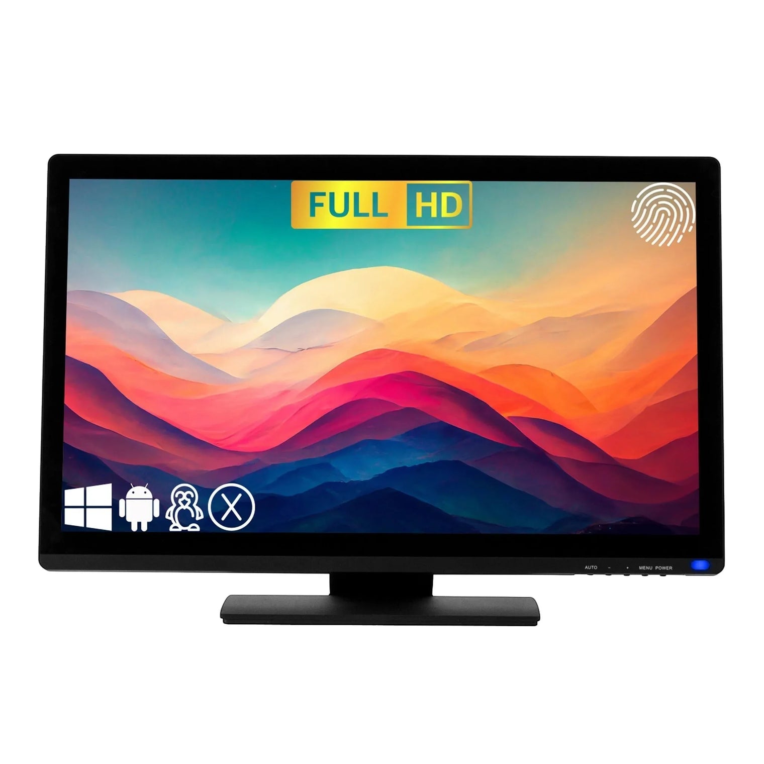 22 inch FHD 24/7 touch monitor front view on desktop stand with zero-bezel TRU-Flat glass