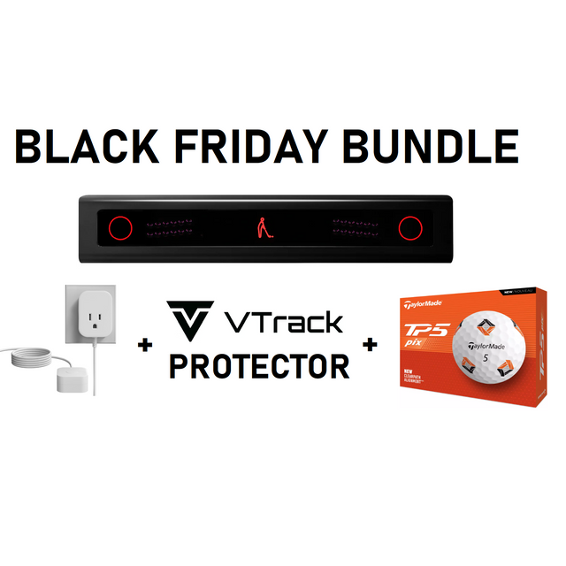 Black Friday bundle with VTrack Protector, power adapter, and golf balls on a white background