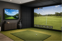 Simulated golf setup with multiple screens displaying a golf course and 'Elite Sim Golf' branding.