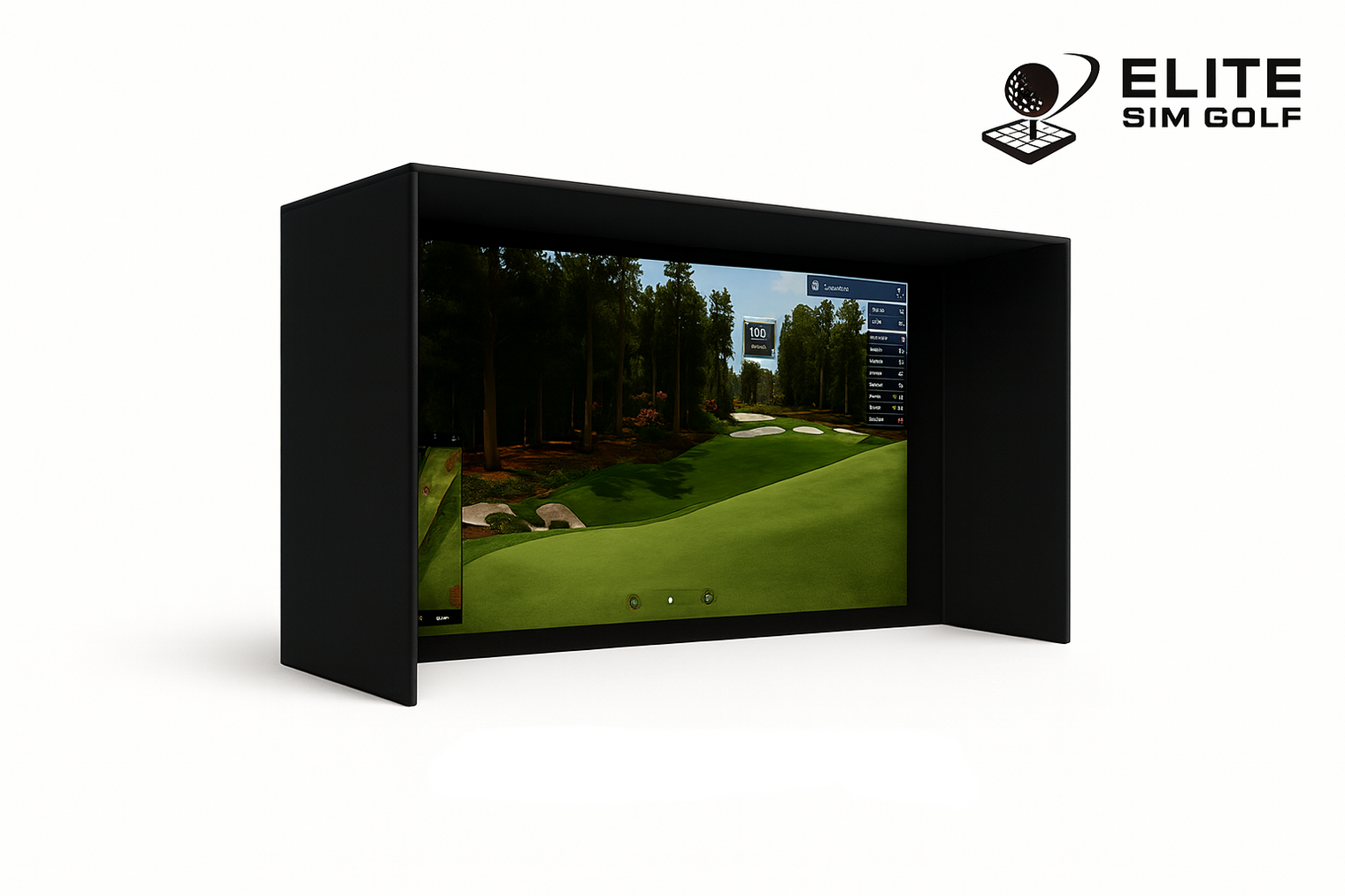 Golf simulator screen displaying a golf course with Elite Sim Golf branding.