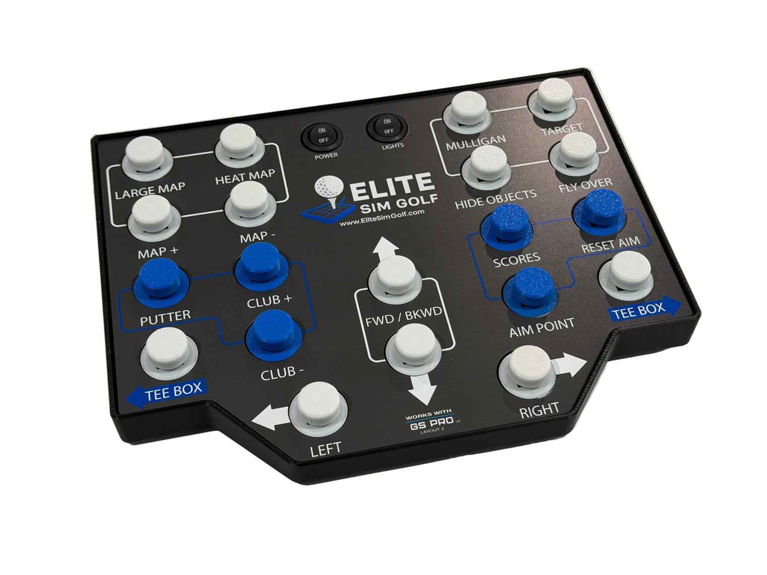 Golf simulation controller with buttons and labels on a white background