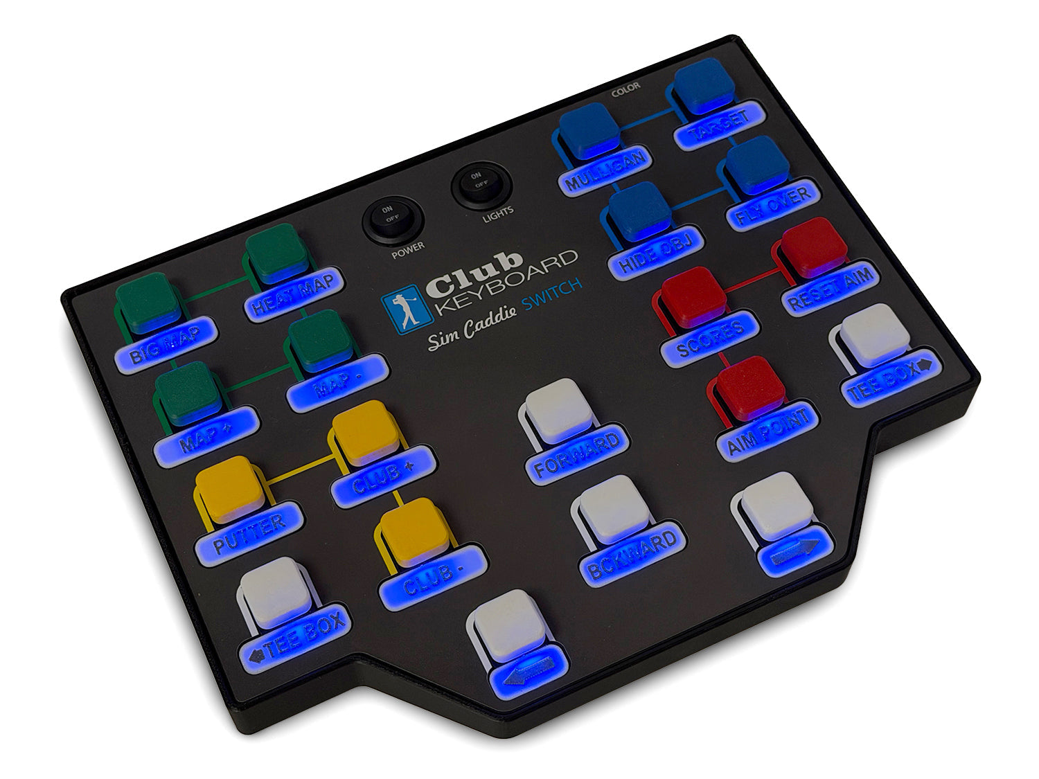 Switch controller with blue LED text backlighting