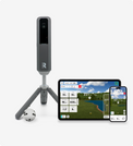 Rapsodo MLM2XPRO launch monitor on its adjustable tripod with the Rapsodo Golf app on a tablet and phone