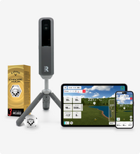 Rapsodo MLM2XPRO with Callaway Chrome Tour RPT golf balls and the Rapsodo Golf app on tablet and phone