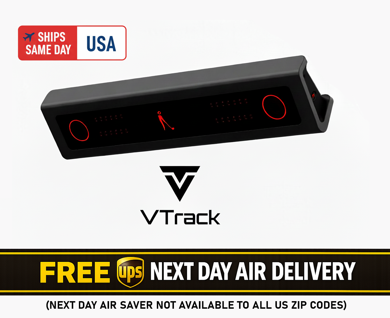 VTrack Overhead Golf Launch Monitor showcasing next day air delivery and same day shipping details.