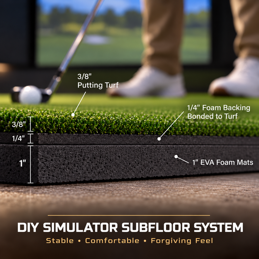 Elite ProPutt Golf Sim Subfloor Kit – Pre-Sized Turf, 1" EVA Tile, Seaming Tape & Cups
