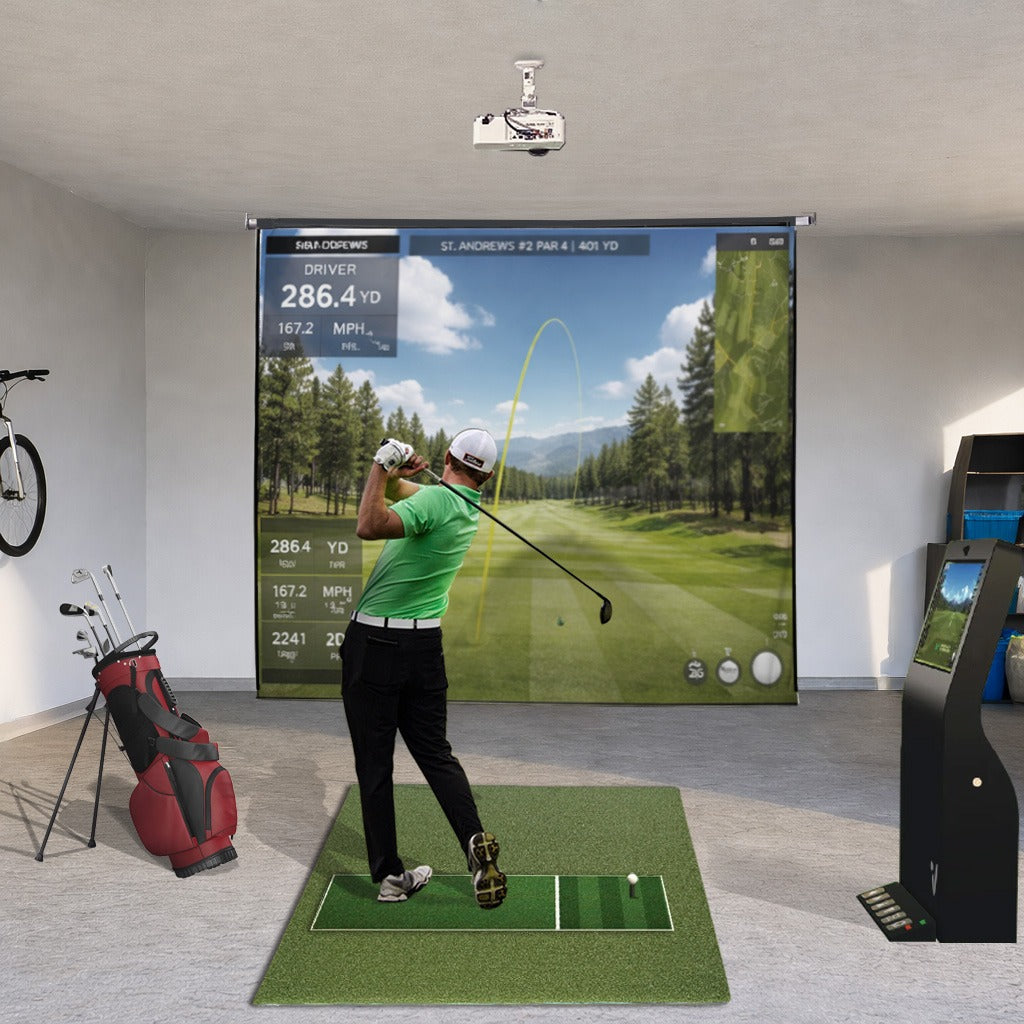 Roller Ace motorized retractable golf simulator screen, golfer swinging at deployed screen