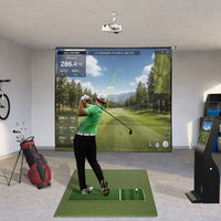 Roller Ace motorized retractable golf simulator screen, golfer swinging at deployed screen