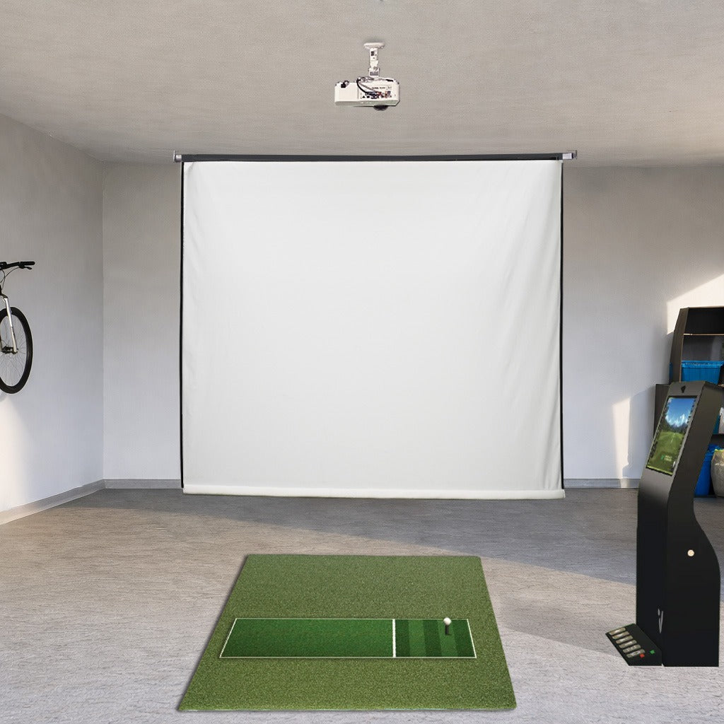 Roller Ace motorized retractable golf simulator screen, blank screen deployed in room