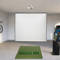 Roller Ace motorized retractable golf simulator screen, blank screen deployed in room
