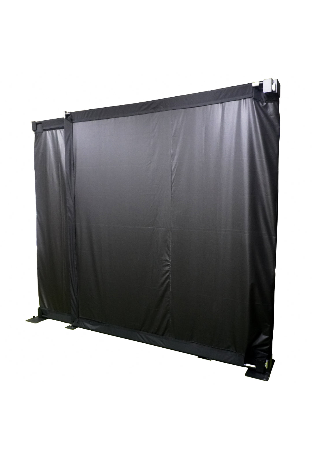 Fold-Away golf simulator enclosure, folding wall-mounted screen system, angled view