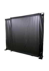 Fold-Away golf simulator enclosure, folding wall-mounted screen system, angled view