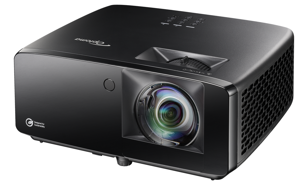 Optoma GT3900UHD 4K UHD short throw laser golf simulator projector, angled front view