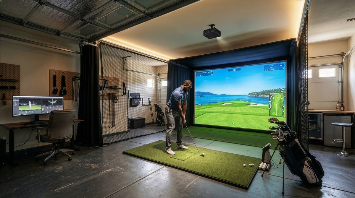 Short throw Optoma projector in a garage golf simulator setup (lifestyle image)