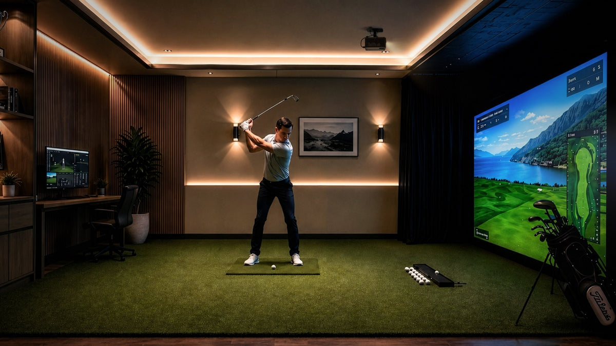 Ceiling-mounted Optoma projector in a home golf simulator room (lifestyle image)