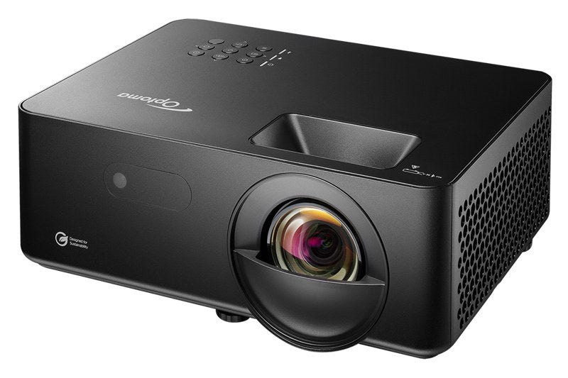 Optoma LH352BST short throw projector, three-quarter view with side vents