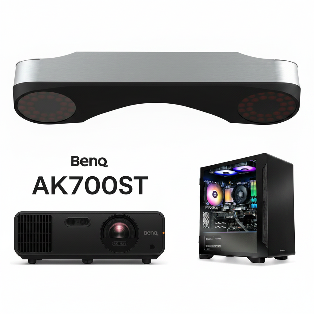 BenQ AK700ST projector bundle shown on a white background, including the silver and black projector head, the projector itself, and a black PC tower with illuminated RGB fans.