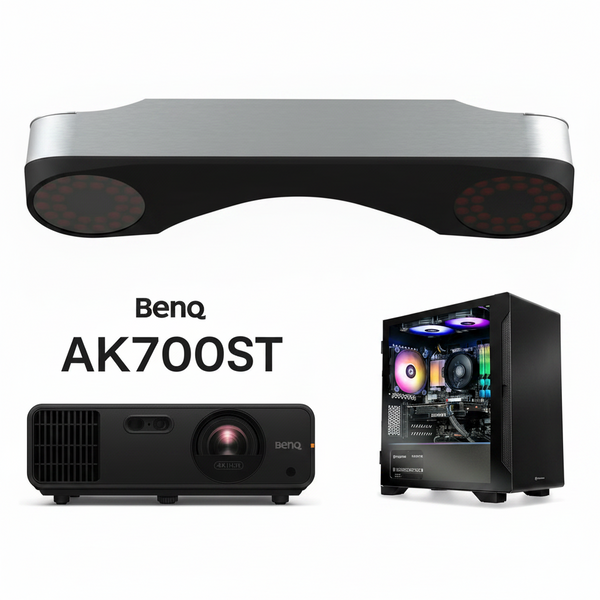 BenQ AK700ST projector bundle shown on a white background, including the silver and black projector head, the projector itself, and a black PC tower with illuminated RGB fans.