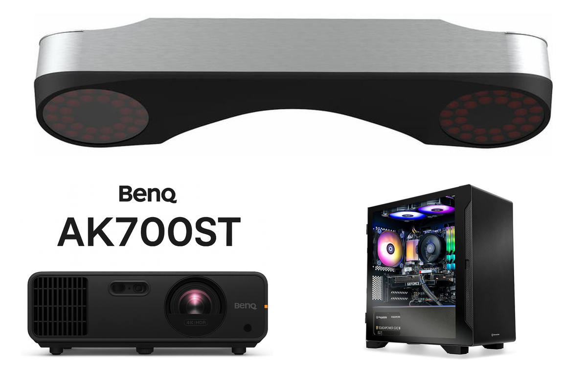 ProTee VX Overhead Launch Monitor, BenQ AK700ST Projector, and Elite Sim Golf Gaming PC product collage