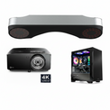 A 4K projector bundle featuring a silver and black soundbar, a black projector, and a black PC tower with RGB lighting, shown on a white background with a 4K Ultra HD badge.