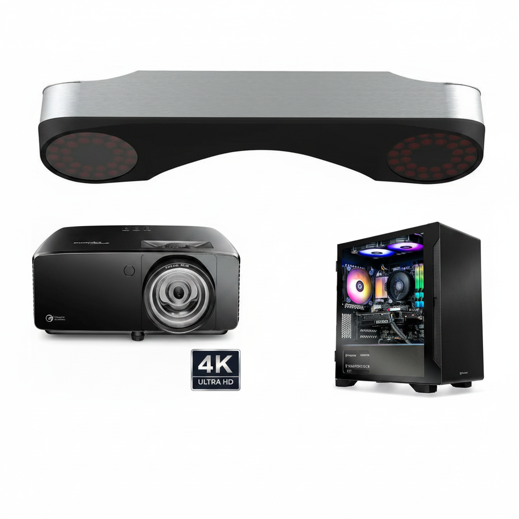 A 4K projector bundle featuring a silver and black soundbar, a black projector, and a black PC tower with RGB lighting, shown on a white background with a 4K Ultra HD badge.