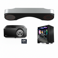 A 4K projector bundle featuring a silver and black soundbar, a black projector, and a black PC tower with RGB lighting, shown on a white background with a 4K Ultra HD badge.