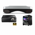 A 4K ultra HD projector shown with a silver and black soundbar and a black PC tower with RGB lighting, on a white background with a 4K Ultra HD badge.