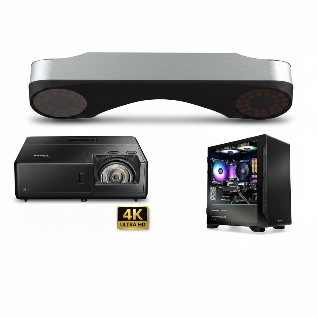 A 4K ultra HD projector shown with a silver and black soundbar and a black PC tower with RGB lighting, on a white background with a 4K Ultra HD badge.