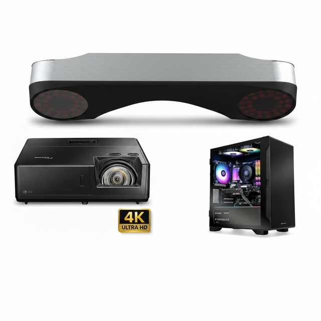 A 4K ultra HD projector shown with a silver and black soundbar and a black PC tower with RGB lighting, on a white background with a 4K Ultra HD badge.