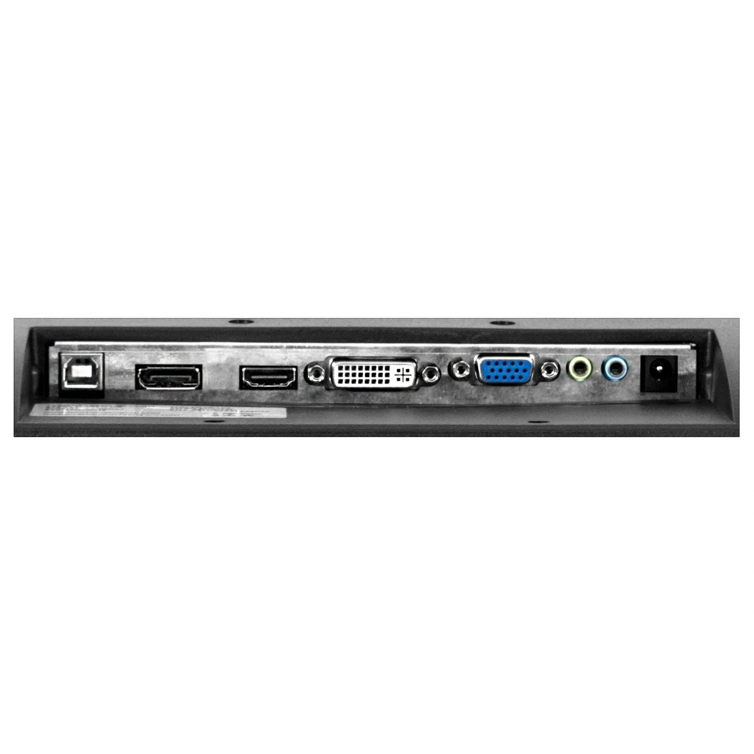 22 inch FHD touch monitor input panel close up with DisplayPort, HDMI, DVI-D, VGA, USB touch and audio connections