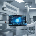 27 inch FHD 24/7 touch monitor arm mounted in a clinical operating room with a gloved user touching the screen