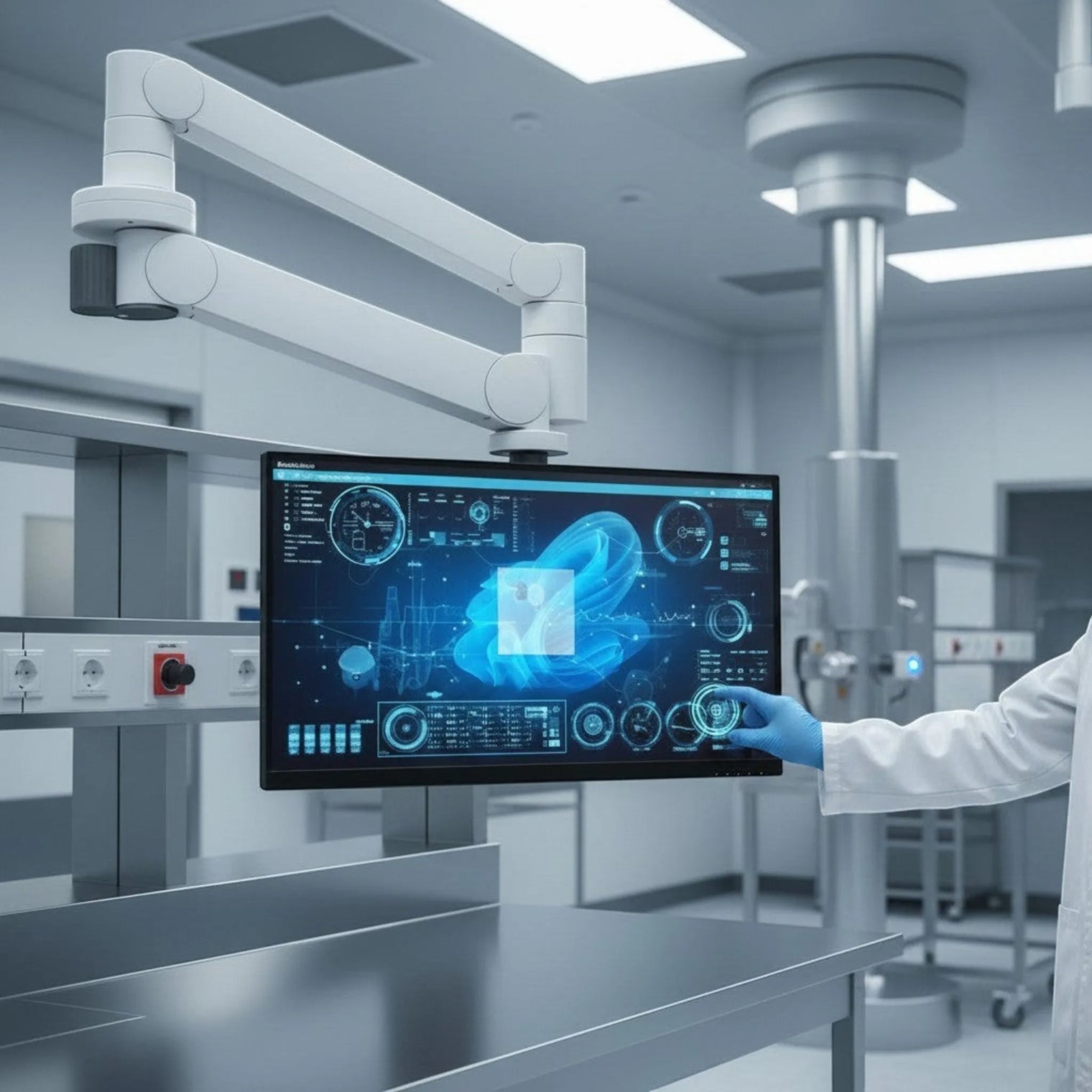 27 inch FHD 24/7 touch monitor arm mounted in a clinical operating room with a gloved user touching the screen