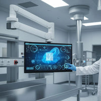 27 inch FHD 24/7 touch monitor arm mounted in a clinical operating room with a gloved user touching the screen