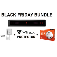 Black Friday bundle with VTrack Protector, power adapter, and golf balls on a white background